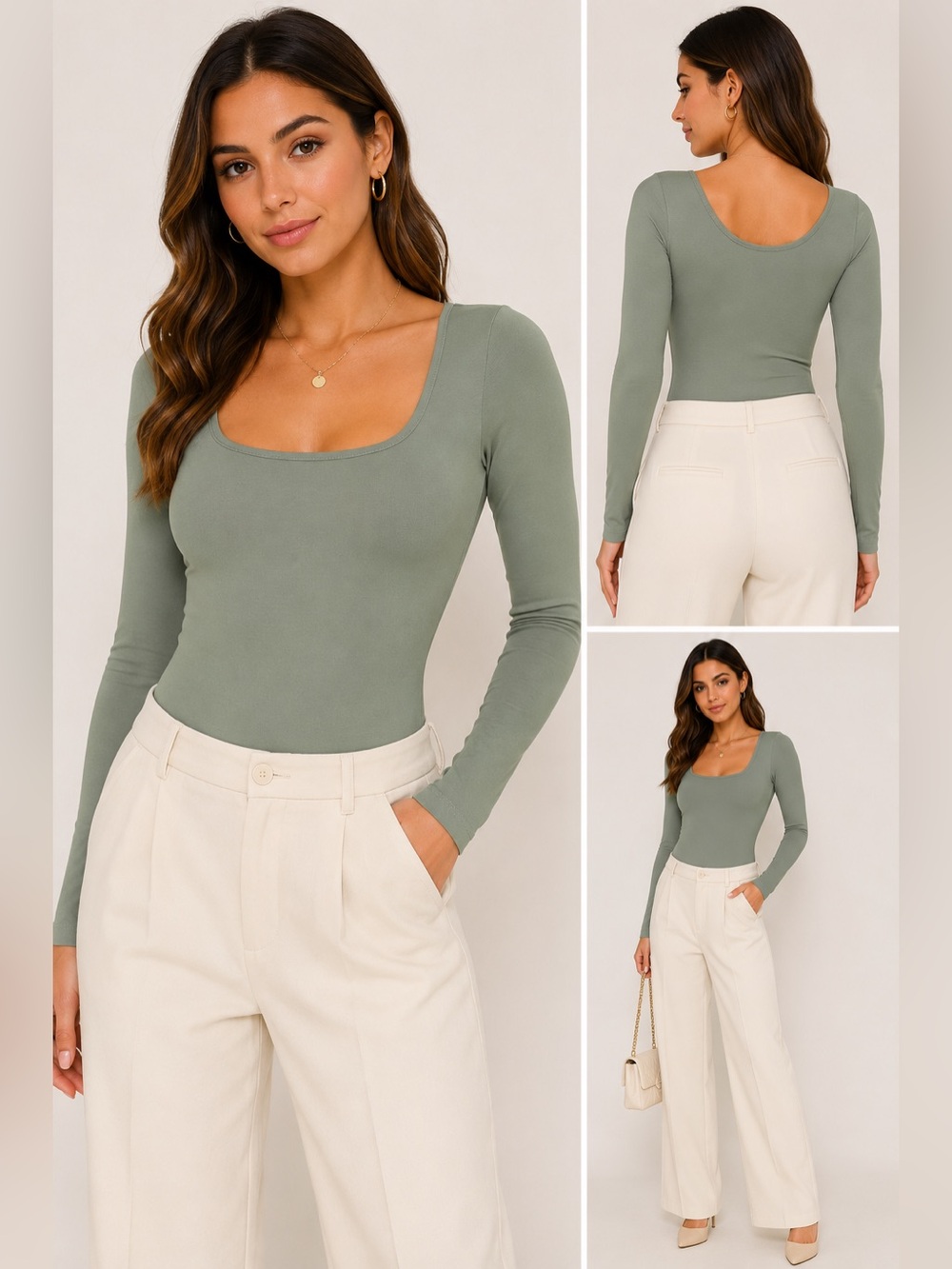 Dynamic Sage Green Long Sleeve Scoop Neck Bodysuit One Size NWT